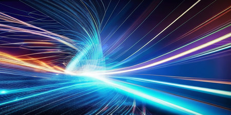 Futuristic technology wave background design with glowing lines and bokehの素材