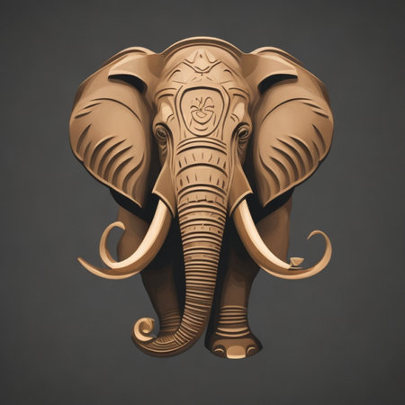 Wooden elephant head isolated on grey background. 3D illustration.の素材