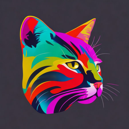 Colorful cat's face on a dark background. Vector illustration.の素材
