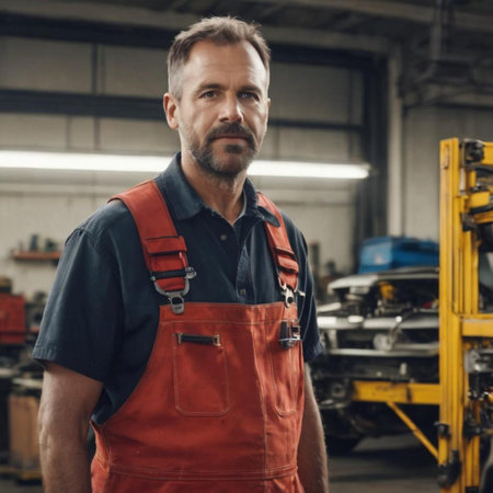 Portrait of confident mature Caucasian male mechanic standing with arms crossed in auto repair shop.の素材