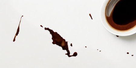 Coffee cup and spilled chocolate on white background. Top view.の素材