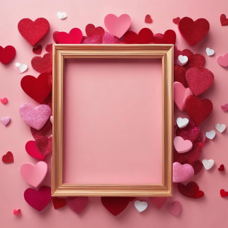 Valentines day background with red hearts and golden frame on pink backgroundの素材