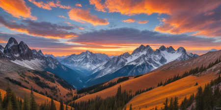 Panoramic view of snow-capped mountains at sunset.の素材