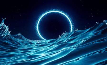 3d illustration of blue water surface with waves and moon in the backgroundの素材