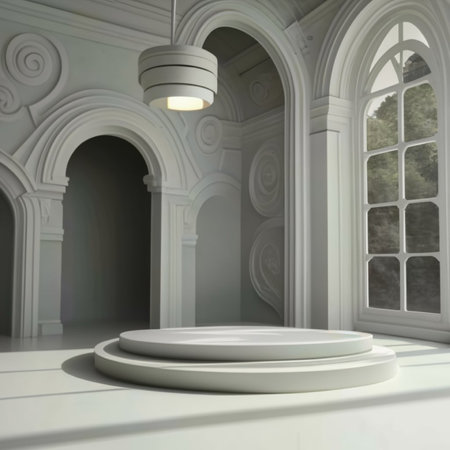 3D rendering of a white podium in a room with arch and windowの素材