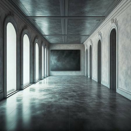 3D render of an empty room with a long corridor and archesの素材