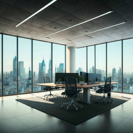 Office interior with panoramic window and city view. 3D Renderingの素材