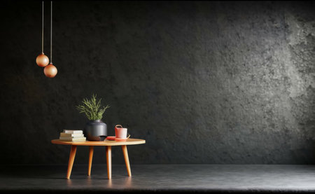 Coffee cup and vase on table in coffee shop. 3d renderingの素材