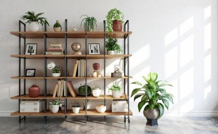 Interior of living room with shelves and plants. 3d renderingの素材