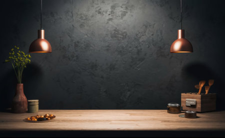 Wooden table with lamp and coffee beans on dark grey wall backgroundの素材