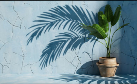 Palm leaf shadow on a blue wall with a plant in a potの素材
