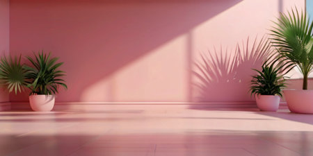 3d rendering of a pink empty room with palm trees and plantsの素材