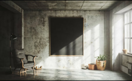 Blank blackboard mockup in loft interior. 3D renderingの素材