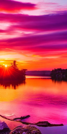 Beautiful sunset on the lake in the summer. Beautiful natural backgroundの素材