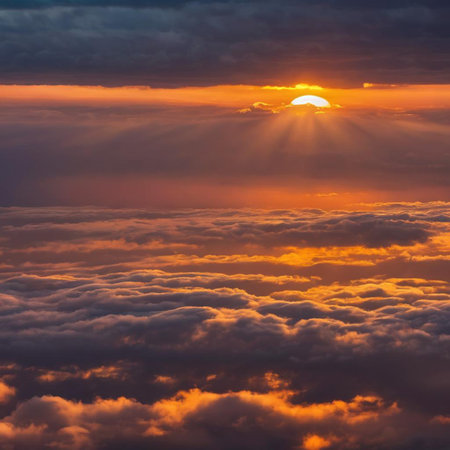 Beautiful sunset above the clouds. Nature background. Sunset over the clouds.の素材