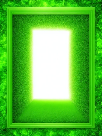 green door with green grass and white light at the end of itの素材