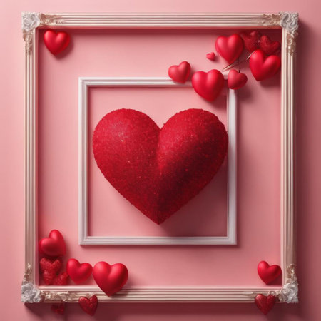 Valentine's day background with red hearts and frame on pink backgroundの素材