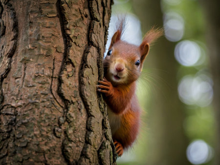 Red squirrel sitting on a tree trunk and looking at the camera.の素材