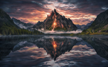 Beautiful lake in the mountains at sunset. Dramatic landscape.の素材