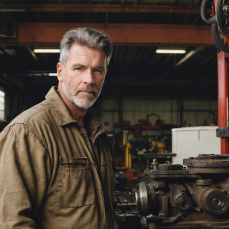 Portrait of mature man in workwear looking at camera in garageの素材
