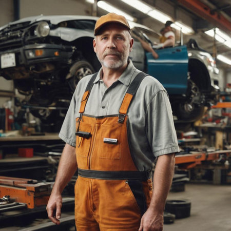 Portrait of mature auto mechanic standing with hands in pockets in auto repair shopの素材