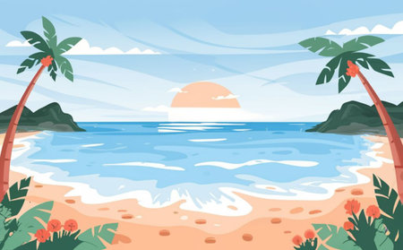 Tropical beach with palm trees, sea and sand, vector illustrationの素材