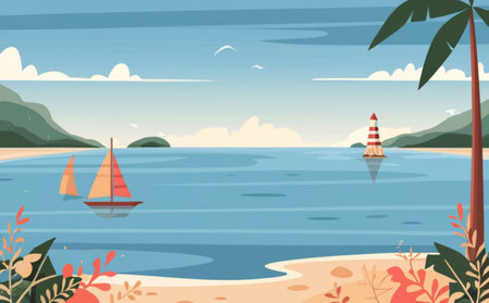Seascape vector illustration in flat cartoon style. Landscape with beach, sea, lighthouse, palm tree and sailing boat.の素材