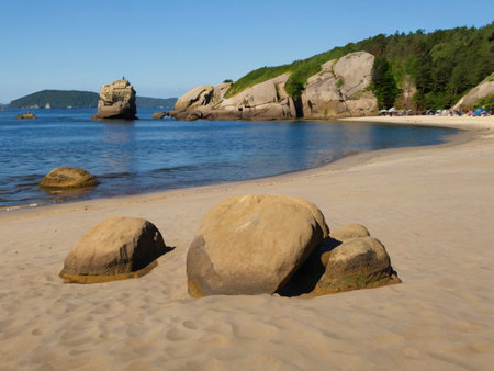 Beach of the Baltic Sea with large stones and sand dunesの素材