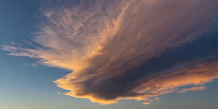 Beautiful sunset sky with clouds. Panoramic view of cloudscape.の素材