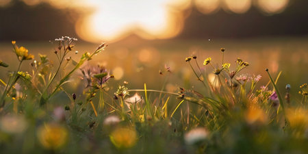 Beautiful meadow with wild flowers at sunset. Soft focus.の素材