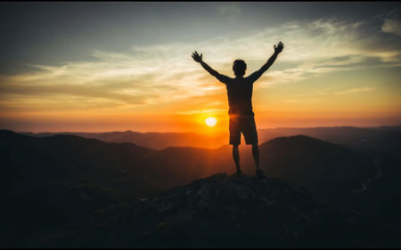 Silhouette of a man standing on top of a mountain and enjoying the sunsetの素材