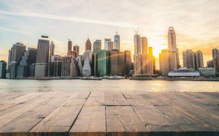 Empty wood table top with cityscape background. For display or montage your productsの素材