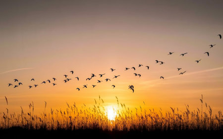 Flock of birds flying over the field at sunset. Beautiful natural background.の素材
