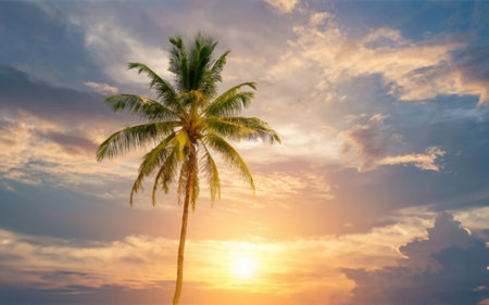 Coconut palm tree on the beach at sunset. Nature backgroundの素材