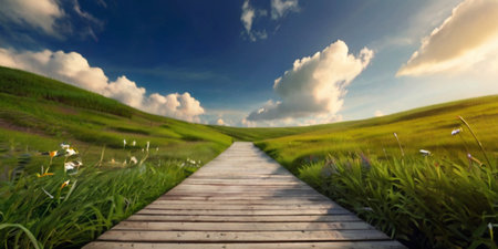 Wooden walkway in green field and blue sky with clouds.の素材