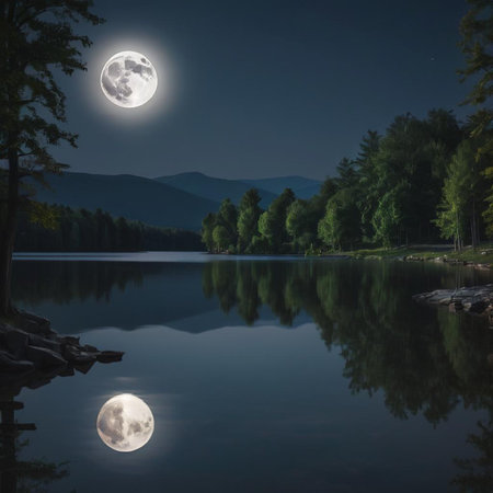Lake in the mountains at night with full moon and reflection in waterの素材