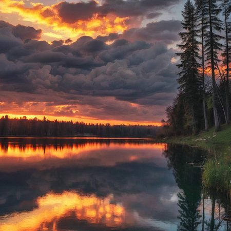 Sunset over the lake in the forest. Beautiful summer landscape.の素材