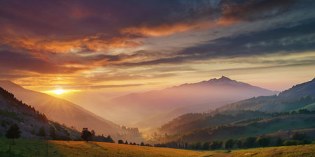 Fantastic sunset in the mountains. Dramatic scene. Carpathian, Ukraine, Europe. Beauty world.の素材