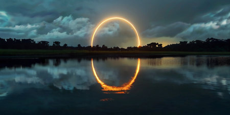 Sunset over the lake with reflection in the water. 3D renderの素材