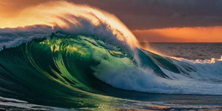 Surfing ocean wave at sunset. Beautiful landscape with breaking wave.の素材