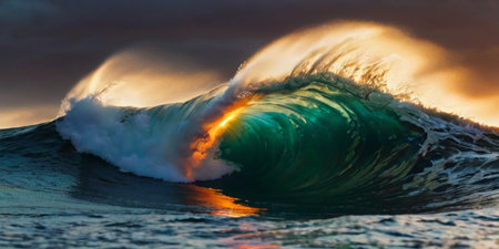 Surfing ocean wave at sunset. 3d render illustration concept.の素材