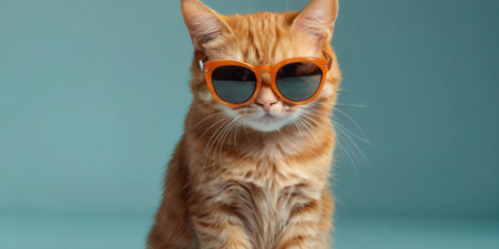 Ginger cat wearing orange sunglasses on blue background with copy space.の素材