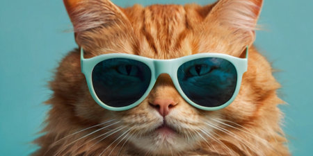 Portrait of a ginger cat wearing sunglasses on a blue background.の素材