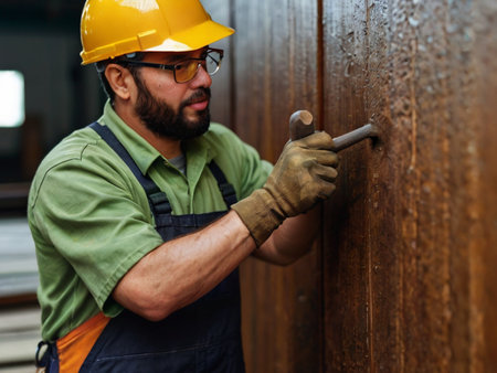 Portrait of a male construction worker wearing safety glasses and hardhat.の素材