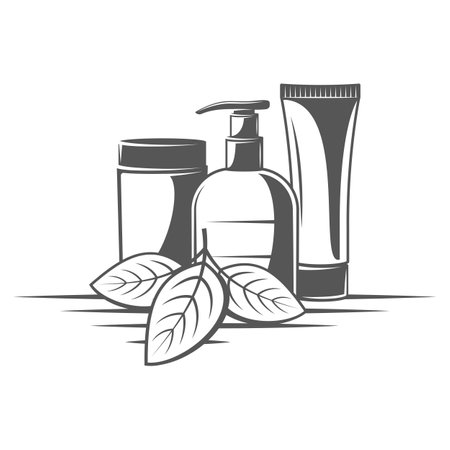 Set of cosmetic products for skin care. Vector illustration in monochrome styleのイラスト素材