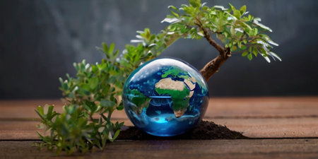 Glass globe with green plant on wooden table. Earth Day concept.の素材