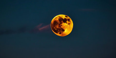 Super full moon in the night sky, closeup of photo.の素材