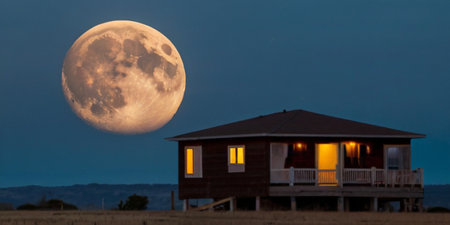 Full moon over a wooden house in the desert at night, San Diego, Californiaの素材