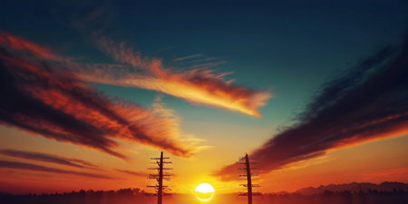 Beautiful sunset sky with clouds. Panoramic view of high voltage postの素材