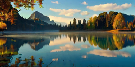 Beautiful autumn landscape with lake and mountains. Panoramic viewの素材